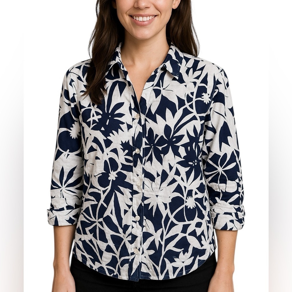Harve Benard Linen Blend Navy White Floral Button Down M
